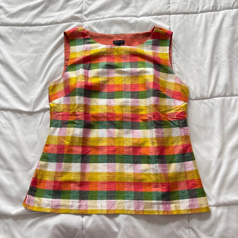 Vintage 90s Talbots 100% Silk Plaid Sleeveless Top Womens 6 Blouse Quiet Luxury